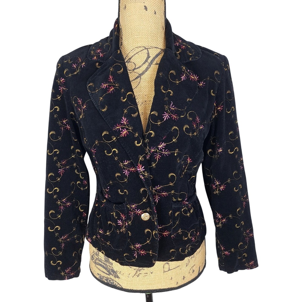 LIVE A LITTLE Size Small Floral Embroidered Black Corduroy Office Blazer Jacket
